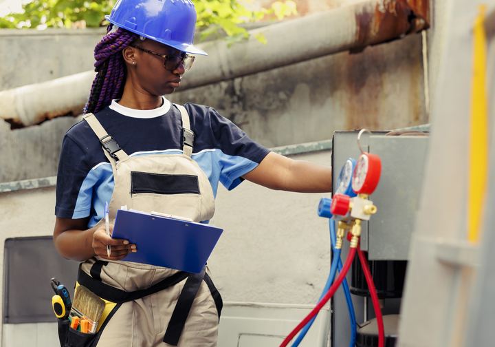 HVAC technician checking gauges on an outdoor system