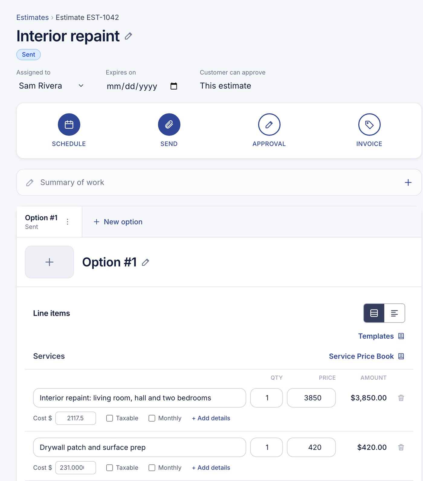 The Tradecall Pro estimate screen: customer, schedule, send and approval steps, and priced line items