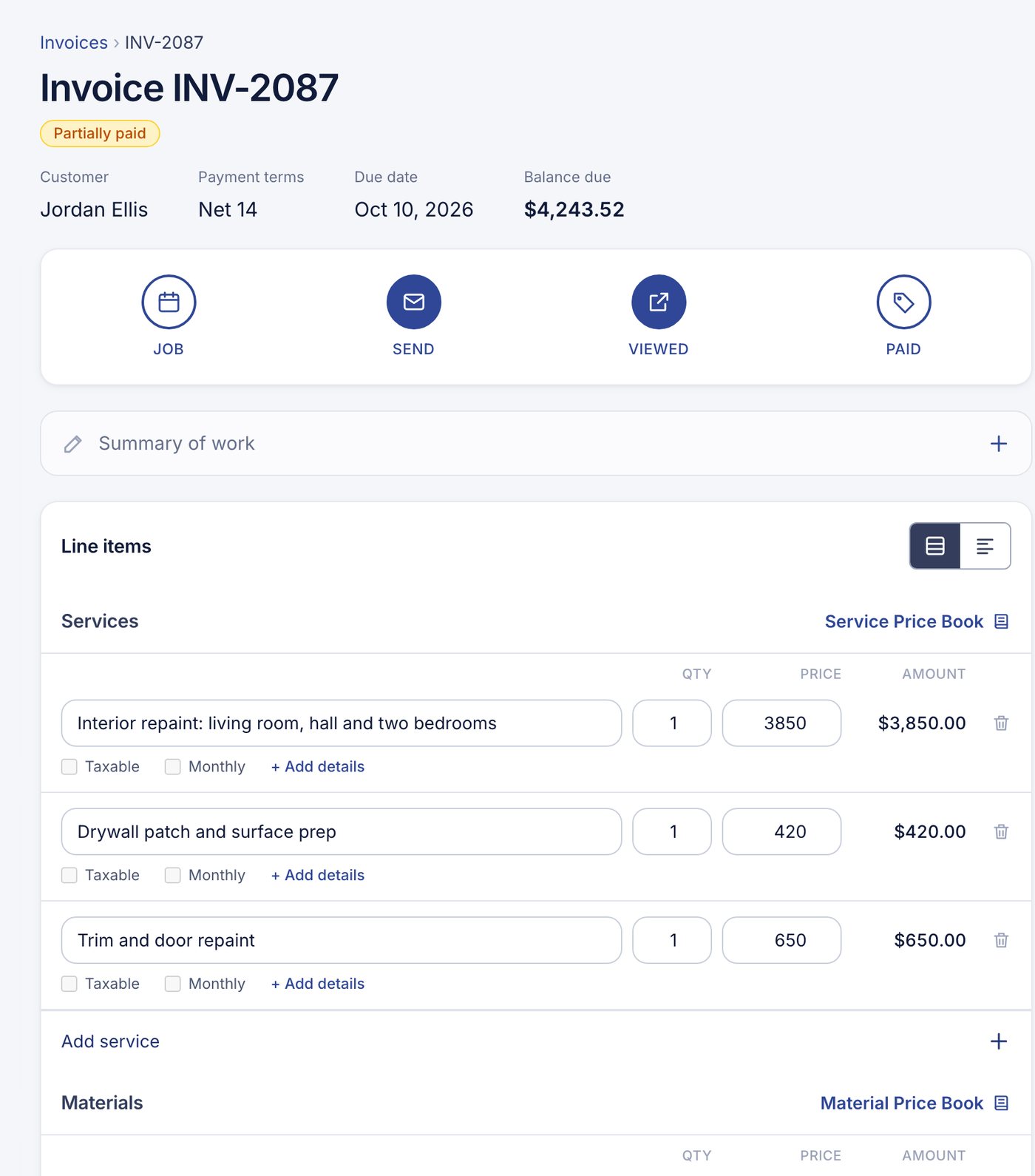 The Tradecall Pro invoice screen: balance due, payment terms, send and paid steps, and line items